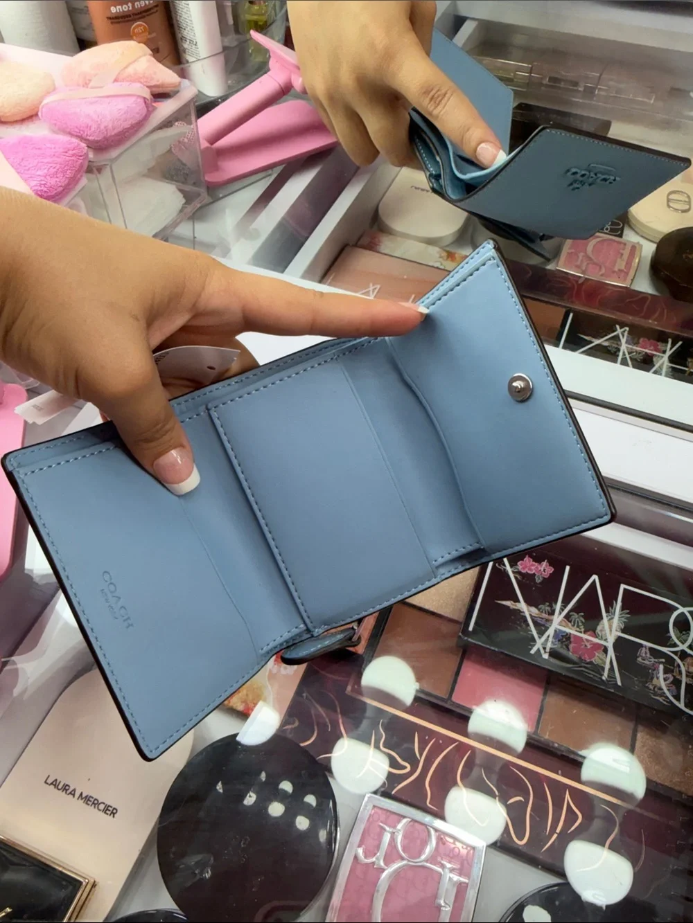 COACH Petite Zip Card Case in Light Blue Leather